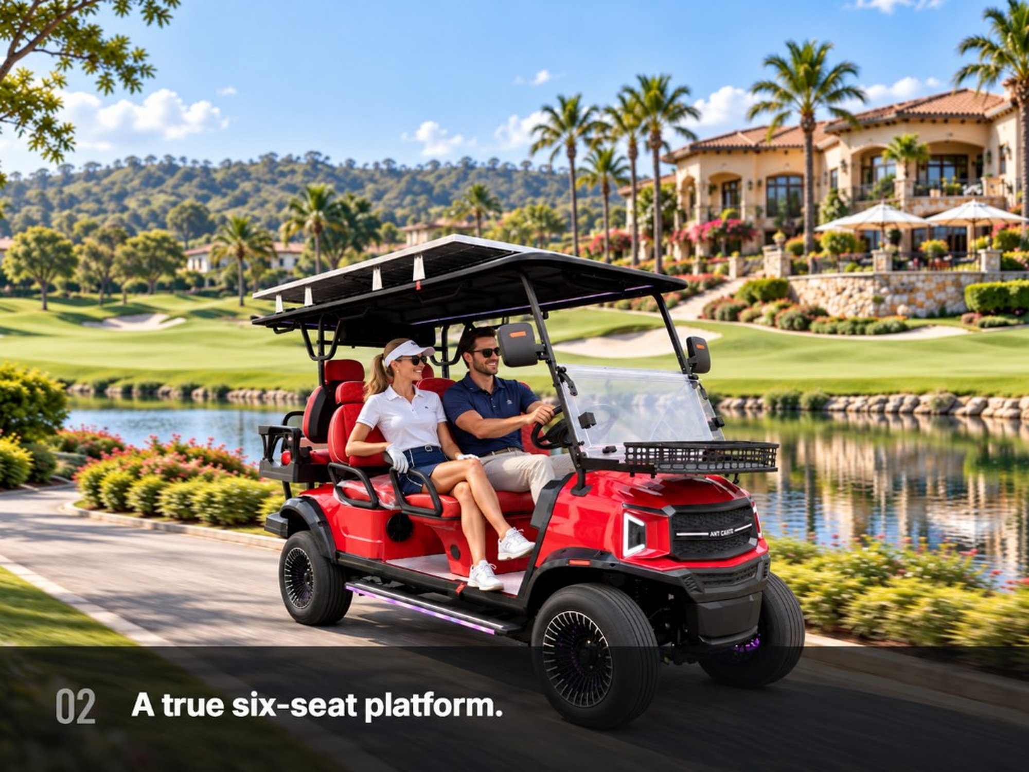 Red ANT 6 six-seat cart with golfers on a fairway path