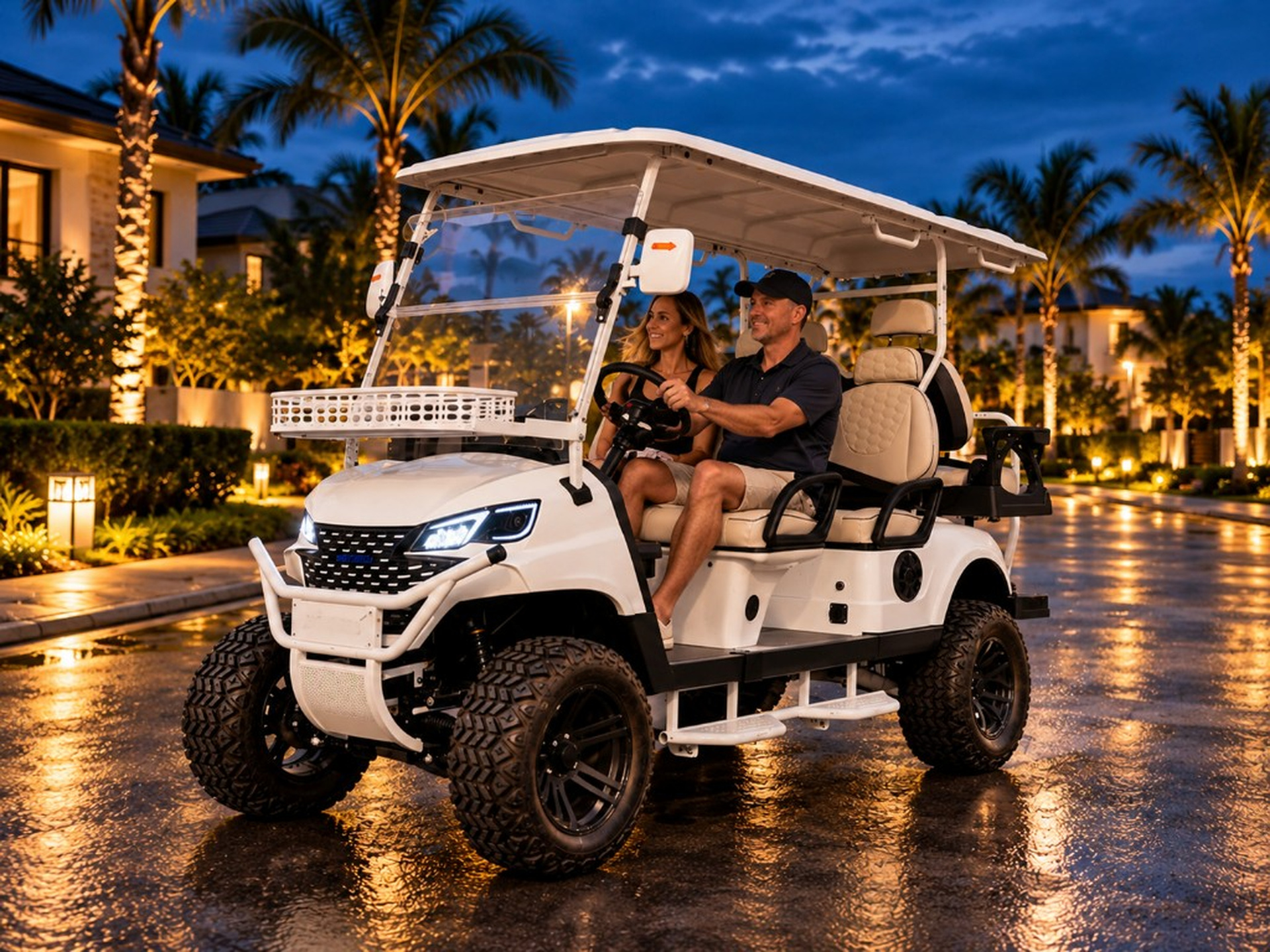 White ANT cart with drivers on a resort street at blue hour