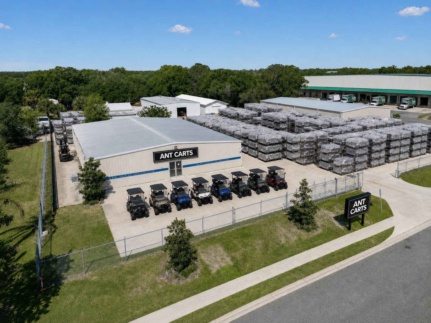 ANT CART U.S. warehouse, inventory yard, and electric cart lineup