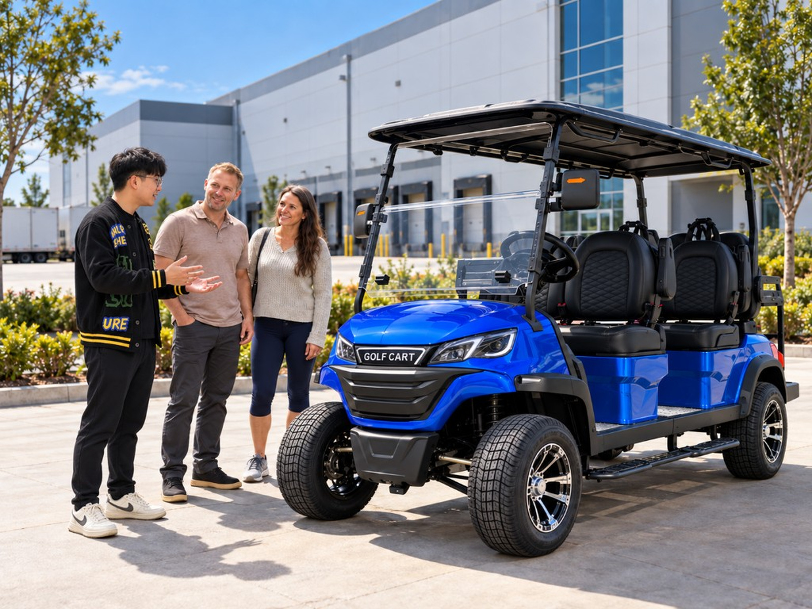 ANT CART dealer presenting a blue electric golf cart to customers