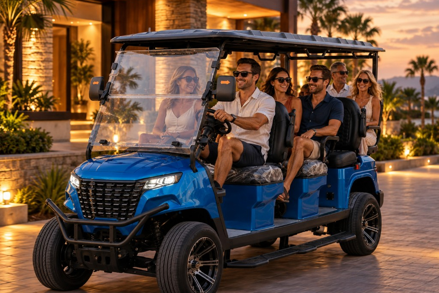 Signature Blue with guests at a resort sunset